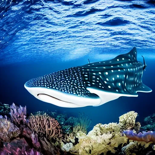 Image similar to a bioluminescent whale shark deep under the sea, award winning nature photography