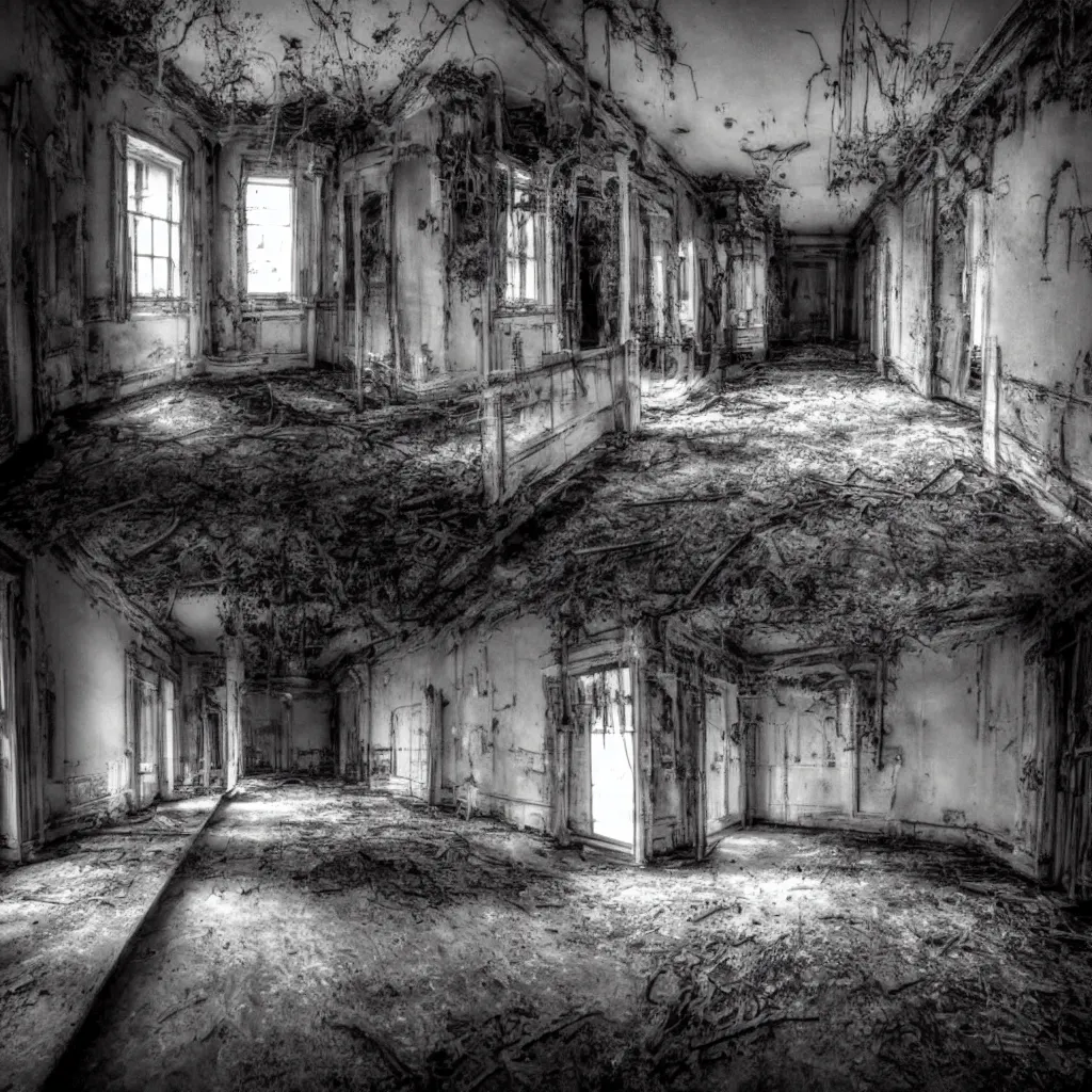 Image similar to exploring the inside of a haunted asylum, creepy, shadows, webs