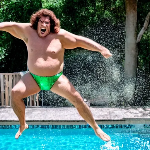 Prompt: andre the giant wearing a speedo and a sequin vest jumping in the pool from the movie my pool party, movie still, 8 k, realistic