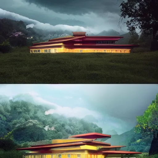 Image similar to modernist house inspired by a tibetan palace, on a green hill between big trees, colorful clouds, dramatic lighting, artstation, matte painting, raphael lacoste, simon stalenhag, frank lloyd wright, zaha hadid