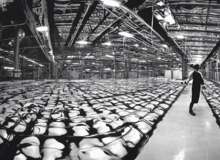 Image similar to grainy security cam footage still of Augustus Gloop in the factory's indoors chocolate river at Wonka's Chocolate Factory, extreme wide angle, far away