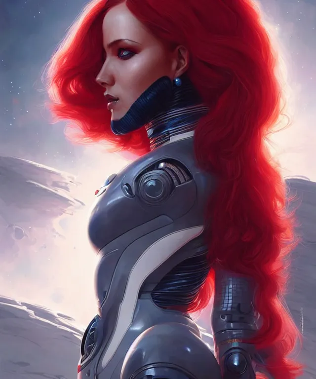 Image similar to futuristic bodycon spacesuit woman portrait, sci-fi, fierce eyes, long red hair, fantasy, intricate, elegant, highly detailed, digital painting, sharp focus, illustration, art by artgerm and greg rutkowski and WLOP