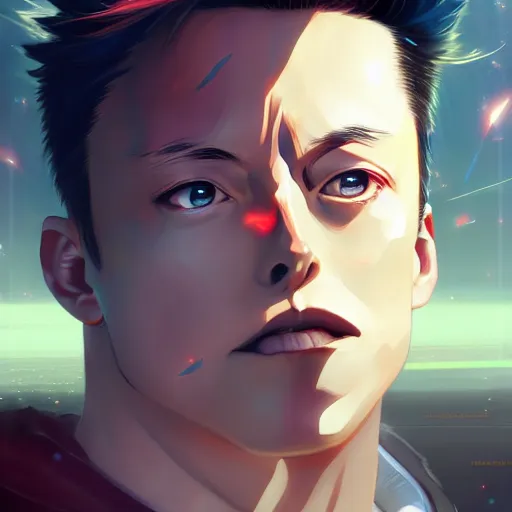 Image similar to anime portrait of elon musk as an anime boy by Stanley Artgerm Lau, WLOP, Rossdraws, James Jean, Andrei Riabovitchev, Marc Simonetti, and Sakimichan, trending on artstation