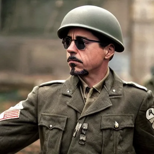Prompt: robert downey jr as a us ww 2 soldier during the liberation of france, highly detailed, cinematic lighting, photorealistic
