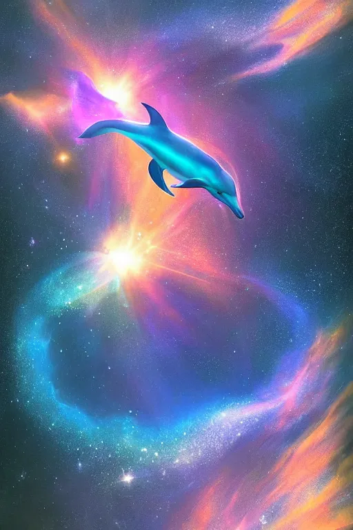 Image similar to Ethereal blue fire dolphin 🐬 flying through a nebula, Sirius star system, star dust, cosmic, magical, shiny, glow,cosmos, galaxies, stars, outer space, stunning, by andreas rocha and john howe, and Martin Johnson Heade, featured on artstation, featured on behance, golden ratio, ultrawide angle, hyper detailed, photorealistic, epic composition, wide angle, f32, well composed, UE5, 8k