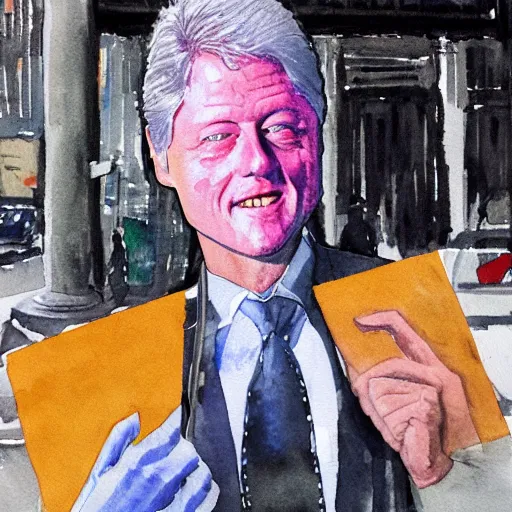 Prompt: bill clinton working on the streets of new york as a hooker, in the style of a watercolor painting