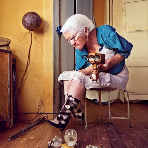 Image similar to a full body protrait beautifull witch with white hair in old room. A cristal ball on a wood table with a potions and old instruments. A cat on the floor licking his paw. photorealistic, profesional photo, by Steve McCurry