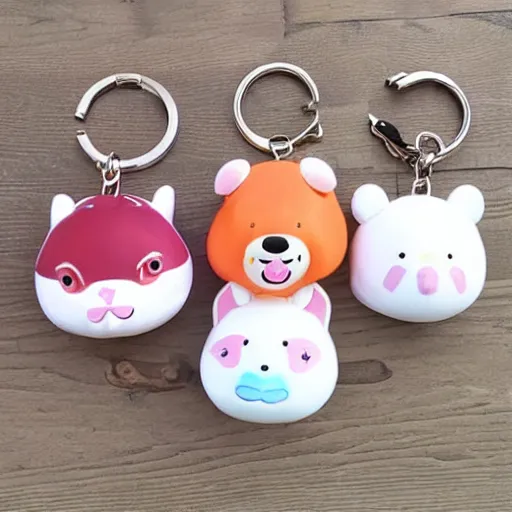 Prompt: some cute plastic toys that look like animal characters hanging from a backpack on a keychain, white, cream, and light pink