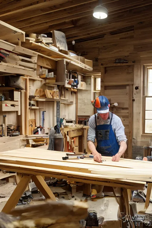 Prompt: simple craftsman fine woodworker building a wooden table in their well lit clean open workshop, thomas lawrence, greg rutkowski