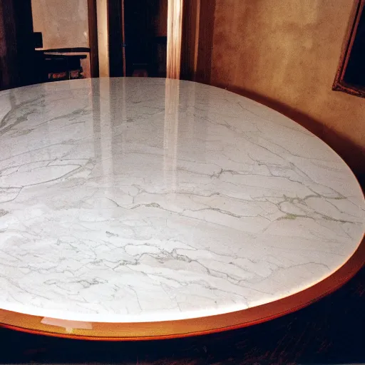 Prompt: photo of dining table with marble in the center, wood around it, cinestill, 8 0 0 t, 3 5 mm, full - hd