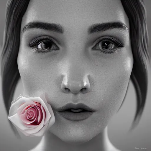 Prompt: hight focus of a wonderful realistic sweet wonderful symmetrical profile portrait of a lady with a clear skin, with a white rose on her lips, dramatic light, cinematic, artstation, octane render 8 k s 1