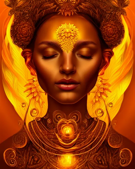 Image similar to portrait of the goddess of golden fire, unusual beauty, flowers and plants, emotionally evoking symbolic metaphors, head in focus, fantasy, ornamental, intricate, elegant, sensual, highly detailed digital painting, artstation, concept art, painterly, golden ratio, sharp focus, illustration