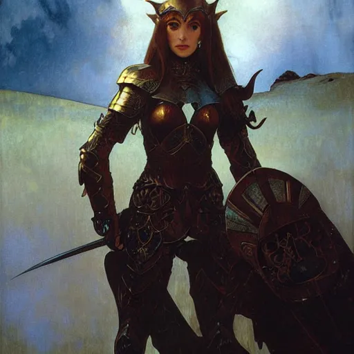 Image similar to half length portrait of a beautiful female elf armored paladin, royo, klimt, miro, vallejo, frazetta, alphonse mucha, greg rutkowski, whealan