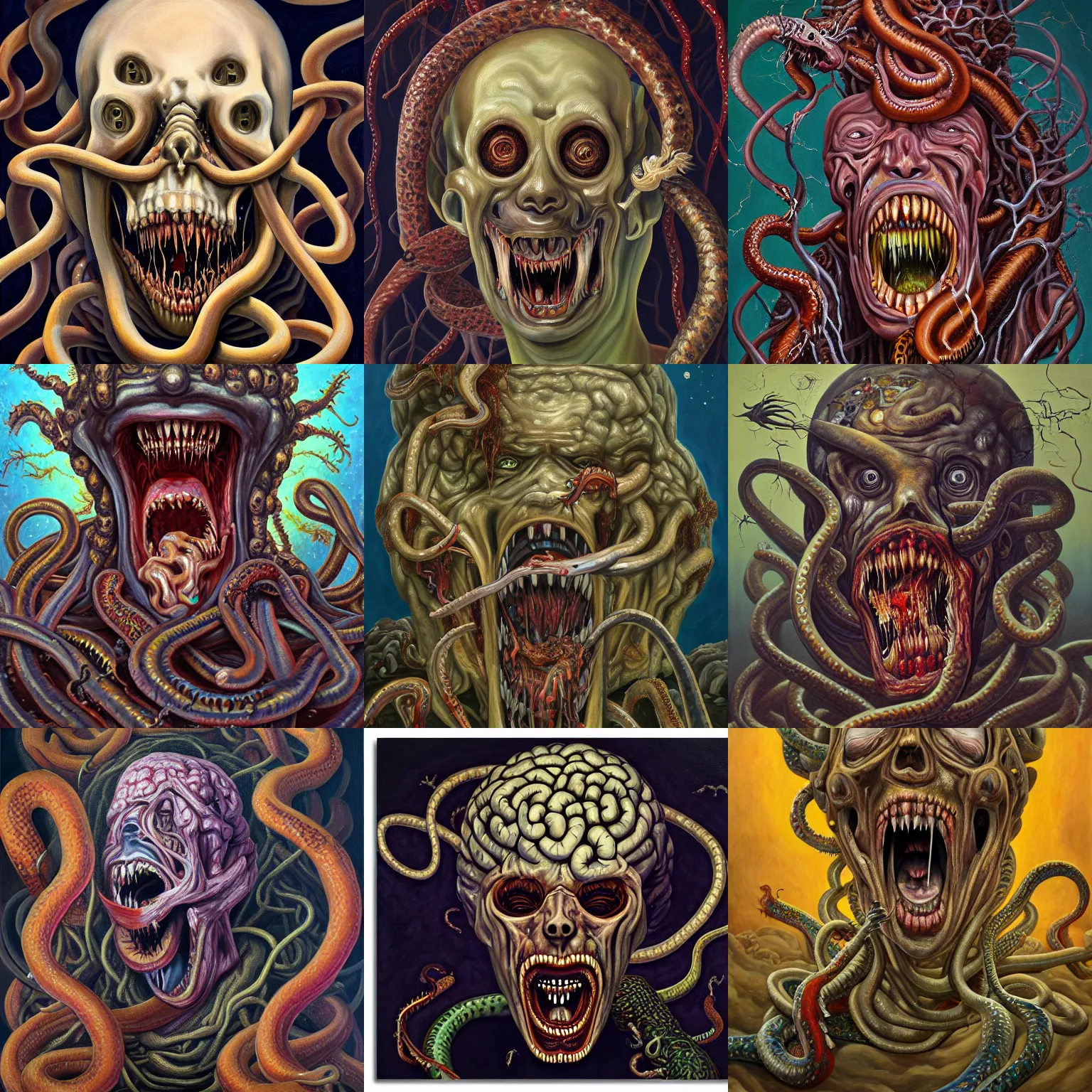 Prompt: an oil on canvas painting of a screaming decapitated man's partially decomposing face with many biting serpents swarming out of his exposed brain, a surrealist painting, polycount, surrealism, surrealist, lovecraftian, cosmic horror, ultra - detailed