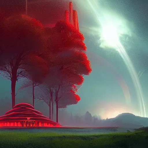 Prompt: red futuristic temple between green hills with big trees, star trails, dramatic lighting, artstation, matte painting, raphael lacoste, simon stalenhag, frank lloyd wright