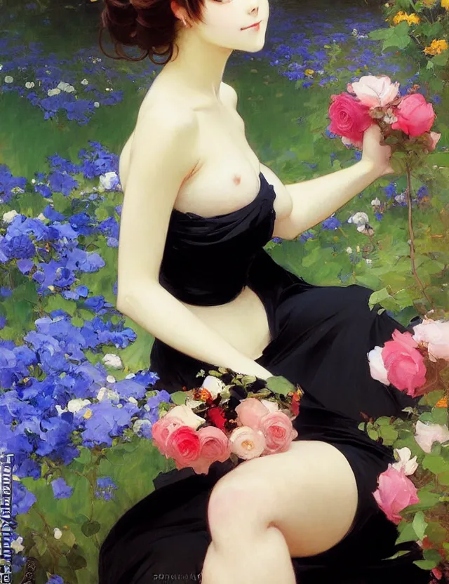 Image similar to beautiful anime woman in tight black dress sitting among blue roses, krenz cushart, mucha, by joaquin sorolla rhads leyendecker, by ohara koson