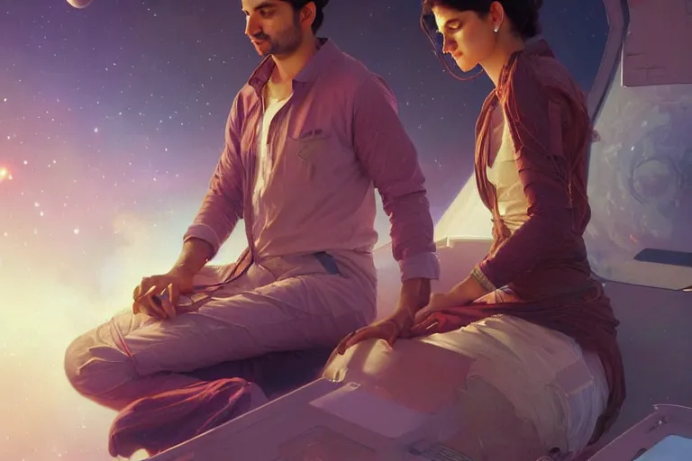 Image similar to Sensual good looking pale young Indian doctors wearing jeans in a space station above Earth, portrait, elegant, intricate, digital painting, artstation, concept art, smooth, sharp focus, illustration, art by artgerm and greg rutkowski and alphonse mucha