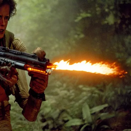 Prompt: film still of a mud - covered sigourney weaver as major dutch holding a flame thrower and hiding behind a rock from the predator in predator 1 9 8 7, hd, 8 k