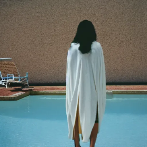 Prompt: woman wearing a wire and linen cloak standing in a pool, kodak vision3 500t,