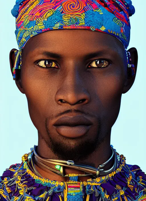 Image similar to closeup portrait of east african man, an ultrafine detailed illustration by james jean, intricate linework, bright colors, final fantasy, behance contest winner, vanitas, angular, altermodern, unreal engine 5 highly rendered, global illumination, radiant light, detailed and intricate environment