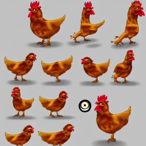 Prompt: A complete sprite sheet for a chicken jumping up and down, game art, hd, 8k, white background