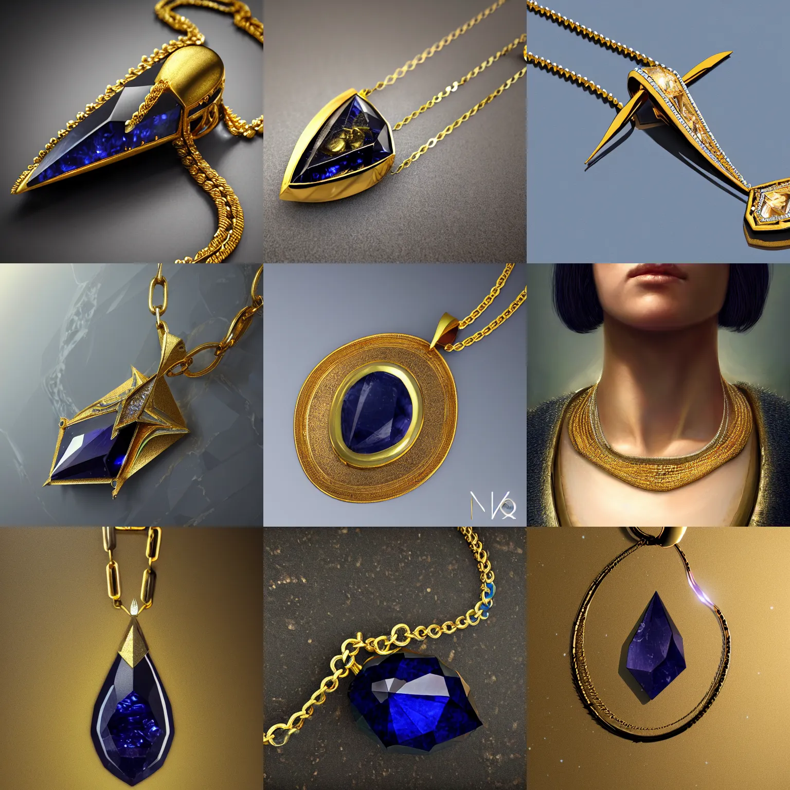 Prompt: A very highly detailed single large pointed faceted sapphire necklace with a thin gold chain and gold setting, resting on a polished marble countertop, digital rational painting art by Greg Rutkowski, sci-fi highly detailed, digital concept art, sharp focus, very very realistic product shot by Stephen Hickman and James Gurney and Hiromasa Ogura Ghost in the Shell rendered in Octane Render, studio lighting