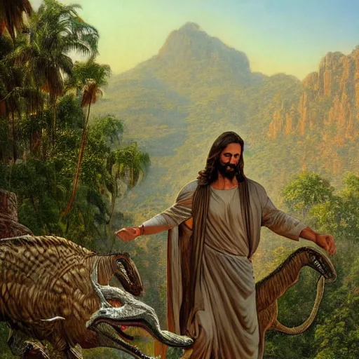 Prompt: a detailed matte painting of a ridiculously good looking jesus who is best friends forever with a velociraptor, elegant ancient greek dress, jungle as the background, drinking a martini, very detailed, beautiful, intricate, art by greg rutkowski and robert e howard, octane render