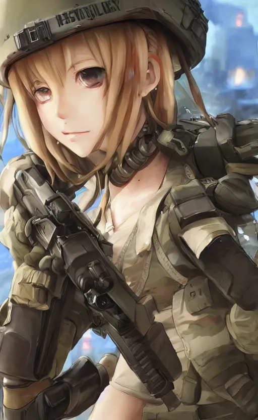 Image similar to portrait of a female soldier, highly detailed, high resolution, anime style, stunning, girls frontline style, bokeh soft, 3d rendering, guilty gear strive graphics, 100mm, trending on instagram, by professional photographer, realistic human anatomy, realistic military carrier, modern warfare, realistic weapon, shot with a arriflex 35 ii, low saturation, small eyes in the game environment and style of Cyberpunk 2077