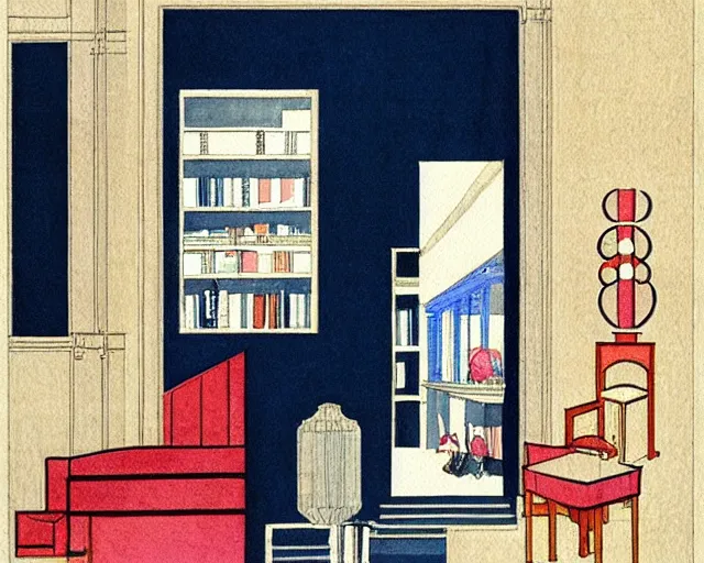 Prompt: cozy bookstore simple geometric watercolor painting george barbier