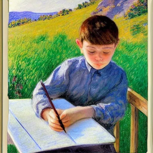 Prompt: boy with his eyes closed, drawing pictures on a notebook, colorful painting, in the style of gustave caillebotte, mountains in the background