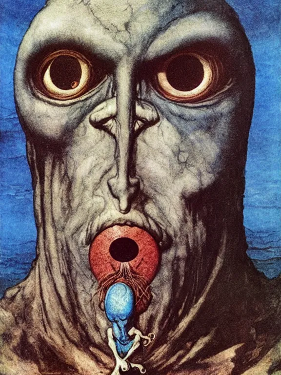 Prompt: one-eyed single-eyed blue-skinned Cyclops Polyphemus concept art with one huge eye. Extremely high detail, details, realistic, solo, masterpiece, colorful, art by Arthur Rackham, Muzinabu, Johann Tischbein, Zdzisław Beksiński