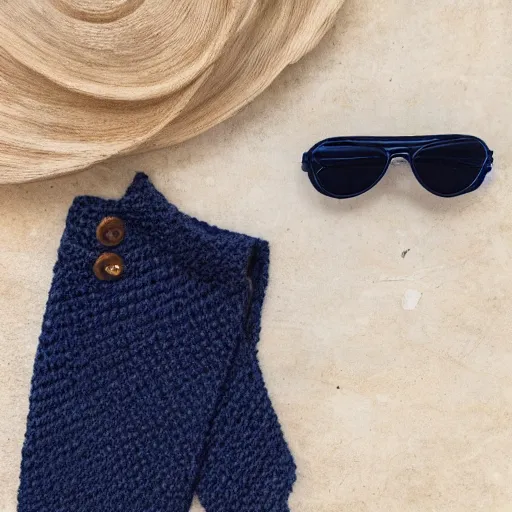 Prompt: a hand knit navy blue wool sweater with an avocado wearing sunglasses on it