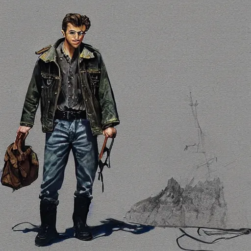 Prompt: a highly detailed epic cinematic concept art CG render digital painting artwork costume design: young James Dean as a well-kept neat anarchist rebel in 1950s USSR green overalls and big boots, reading a book. By Greg Rutkowski, Ilya Kuvshinov, WLOP, Stanley Artgerm Lau, Ruan Jia and Fenghua Zhong, trending on ArtStation, subtle muted cinematic colors, made in Maya, Blender and Photoshop, octane render, excellent composition, cinematic atmosphere, dynamic dramatic cinematic lighting, aesthetic, very inspirational, arthouse