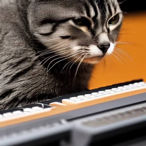 Image similar to a programmer getting angry as a cat jumps on his keyboard, ( eos 5 ds r, iso 1 0 0, f / 8, 1 / 1 2 5, 8 4 mm, postprocessed, crisp face, facial features )