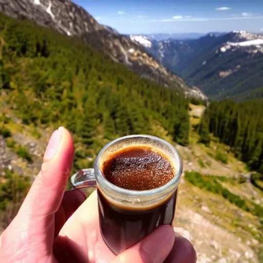 Prompt: sugar crystals in mountains drinking espresso