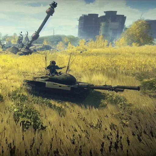 Image similar to a screenshot from nier : automata, with 9 s android fighting a t 3 4 tank in yellow rye field under pure blue skies