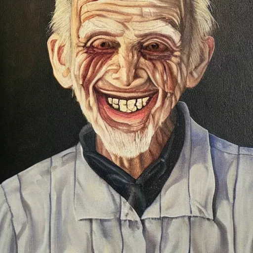 Prompt: a creepy painting of a smiling old man