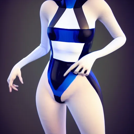 Prompt: a pale goth woman with a modest elaborate elegant blue-white-black multilayered latex striped tight high-neck outfit, fully clothed, cgsociety, photorealistic, sublime-cool-badass-hyperadvanced, 16k, smooth, sharp focus, trending on ArtStation, volumetric lighting
