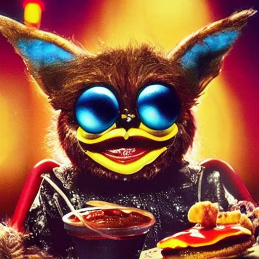 Image similar to Gizmo from Gremlins 1984 eating hamburgers with extra ketchup and mustard, pickles, onions, lettuce, Big Macs, intricate, epic lighting, cinematic composition, hyper realistic, 8k resolution, unreal engine 5, by Artgerm, tooth wu, dan mumford, beeple, wlop, rossdraws, James Jean, Andrei Riabovitchev, Marc Simonetti, yoshitaka Amano, Artstation