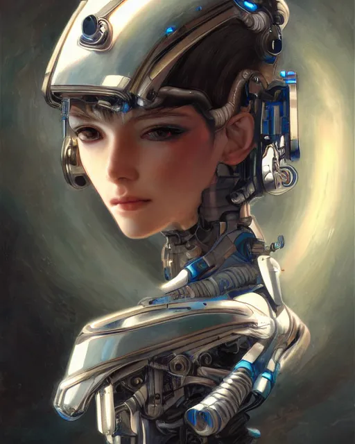 Prompt: portrait of cute beautiful young cyborg maiden, cyberpunk, Warhammer, highly detailed, artstation, illustration, art by Gustav Klimt and Range Murata