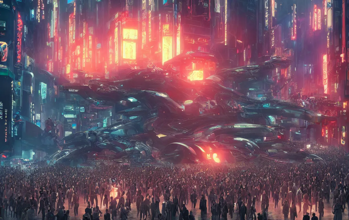 Prompt: photograph a crowd of people surrounding a giant female biomorphic cyborg in middle of futuristic blade runner 2 0 4 9 seoul korea, by jean moebius giraud, beeple, greg rutkowski. octane render. in the style of the fifth element, cyberpunk 2 0 4 9.