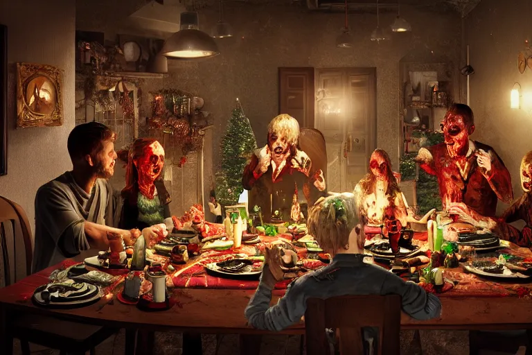 Image similar to a zombie family christmas dinner, hyper realistic, ambient lighting, concept art, intricate, hyper detailed, smooth, dynamic volumetric lighting, octane, cinematic