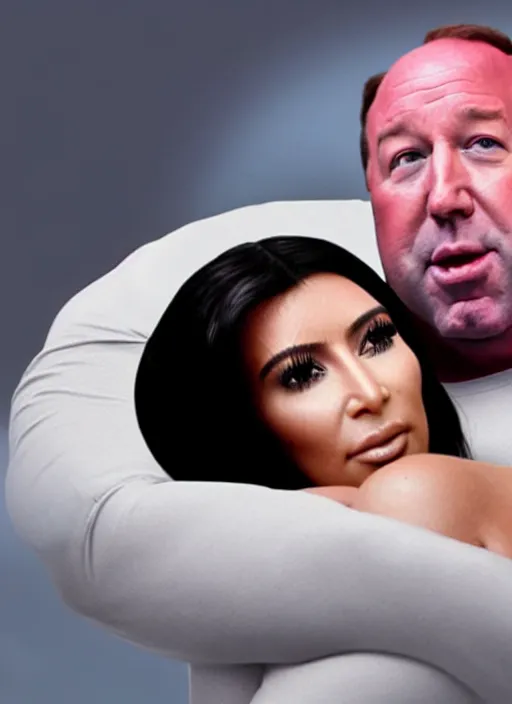 Image similar to film still of kim kardashian being cradled to sleep by alex jones, 8 k