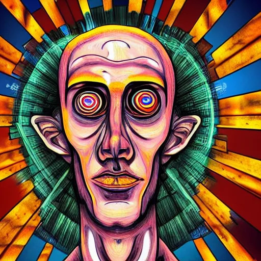 Image similar to depraved and spiritually broken skinny man with spiral trippy eyes dazed and broken down by years of mind control propoganda, tv screens behind him, weird abstract art in the style. of will hughes, trending on artstation, ultra 8 k