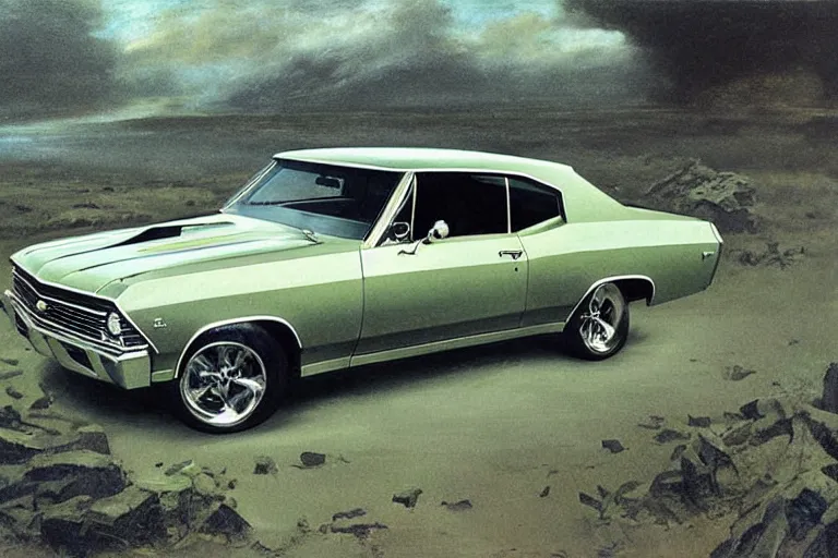 Prompt: intricate, 3 d, 1 9 6 7 chevelle, style by caspar david friedrich and wayne barlowe and ted nasmith.