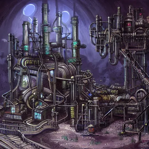 Image similar to futuristic chemical plant with gothic elements, fantasy painting, lots of detail