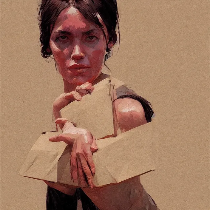 Image similar to woman portrait with a paper bag over the head, highly detailed, artstation, art by ian mcque, ilya kuvshinov, zdislav beksinski, wayne barlowe, edward hopper