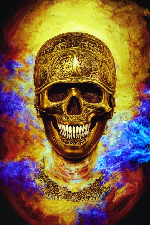 Prompt: 35 mm lens photo of chthonic skull lsd colors wearing a golden roman helmet with sharp teeth and rgb background smoke, direct sunlight, glowing, vivid, detailed painting, Houdini algorhitmic pattern, by Ross Tran, WLOP, artgerm and James Jean, masterpiece, award winning painting