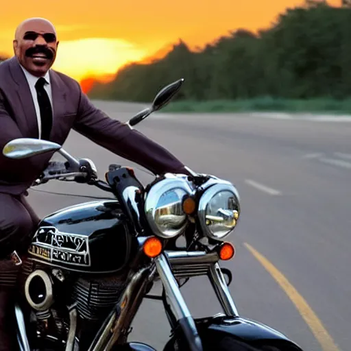 Image similar to steve harvey riding a motorcycle during a sunset