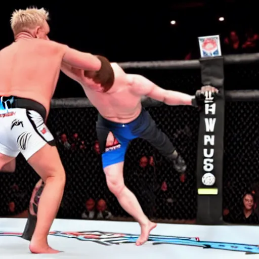 Prompt: Action photo of Gordon Ramsay submitting Putin in the UFC